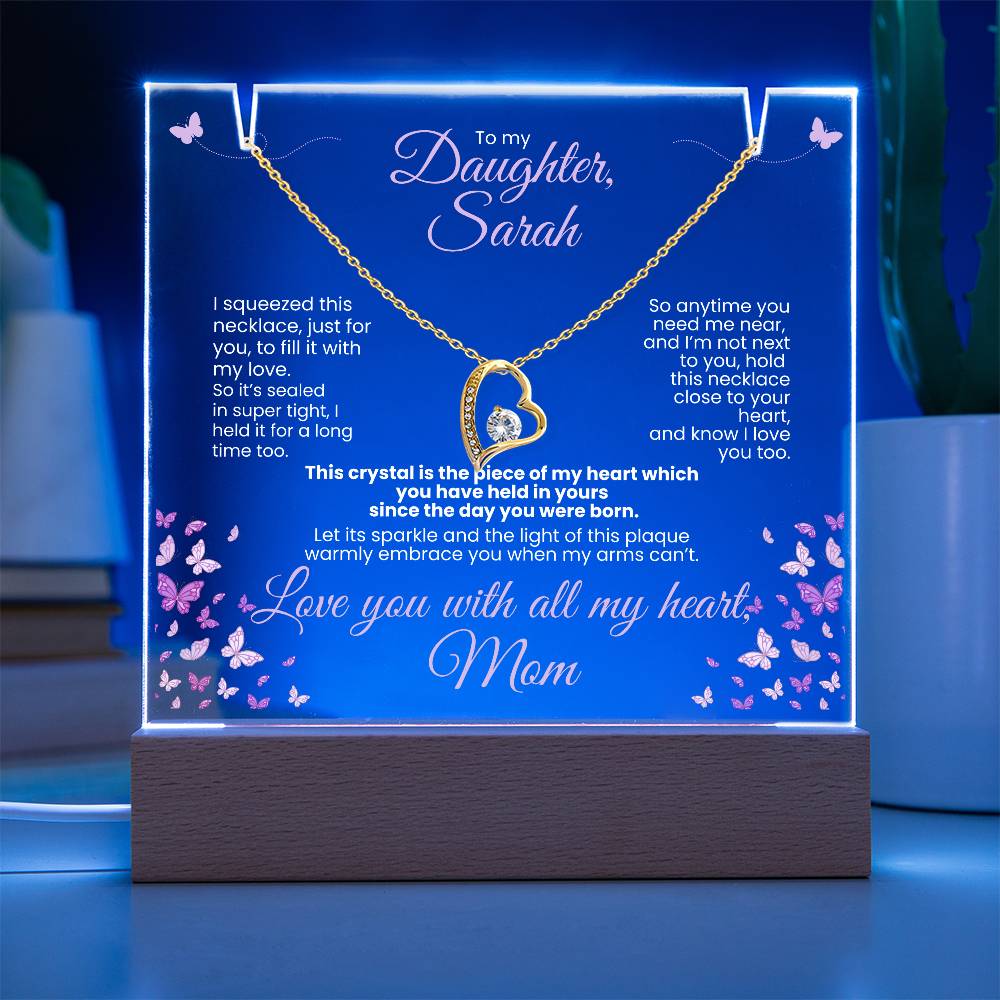 Personalized To My Daughter, Love Mom - Forever Love White Gold or Yellow Gold Necklace Personalized Keepsake Lit Plaque - White Font. White or Yellow Gold. **EXCLUSIVE NEW PRODUCT** Gifts for Daughter