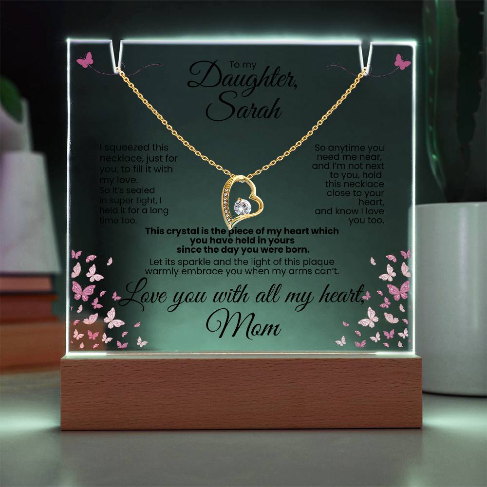 Personalized To My Daughter, Love Mom - Forever Love White Gold or Yellow Gold Necklace Personalized Keepsake Lit Plaque Black Font. White or Yellow Gold. **EXCLUSIVE NEW PRODUCT** Gifts for Daughter