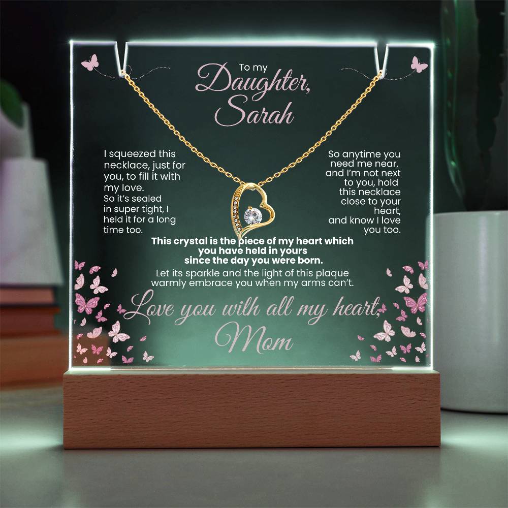 Personalized To My Daughter, Love Mom - Forever Love White Gold or Yellow Gold Necklace Personalized Keepsake Lit Plaque - White Font. White or Yellow Gold. **EXCLUSIVE NEW PRODUCT** Gifts for Daughter