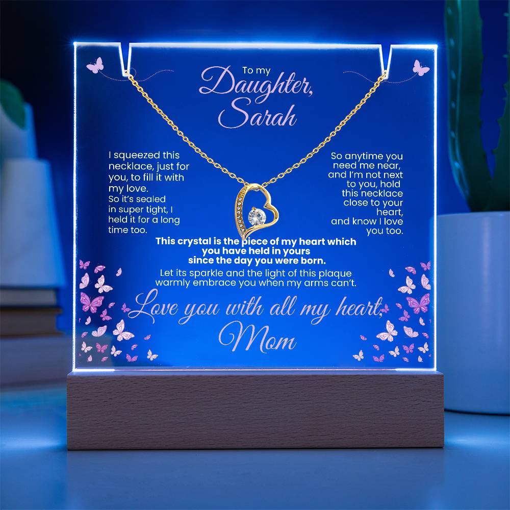 Personalized To My Daughter, Love Mom - Forever Love White Gold or Yellow Gold Necklace Personalized Keepsake Lit Plaque - White Font. White or Yellow Gold. **EXCLUSIVE NEW PRODUCT** Gifts for Daughter