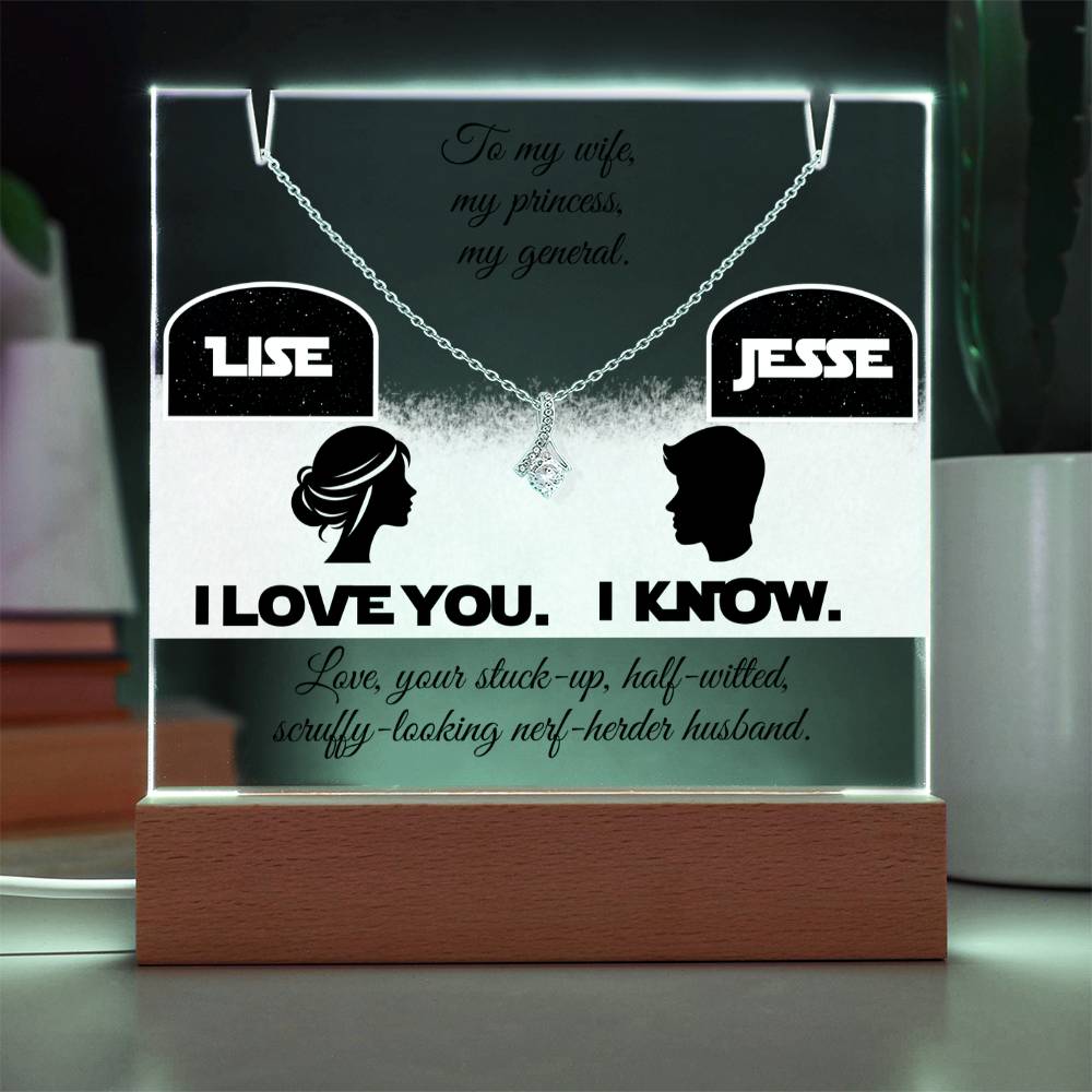 To my Wife, Love your Husband. I love you. I know. Alluring Beauty Necklace & Personalized Keepsake Plaque Black Font. White or Yellow Gold. **EXCLUSIVE NEW PRODUCT**