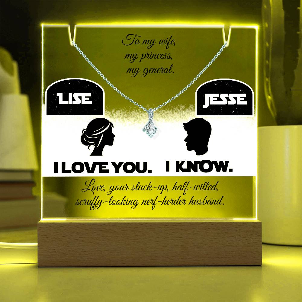 To my Wife, Love your Husband. I love you. I know. Alluring Beauty Necklace & Personalized Keepsake Plaque Black Font. White or Yellow Gold. **EXCLUSIVE NEW PRODUCT**