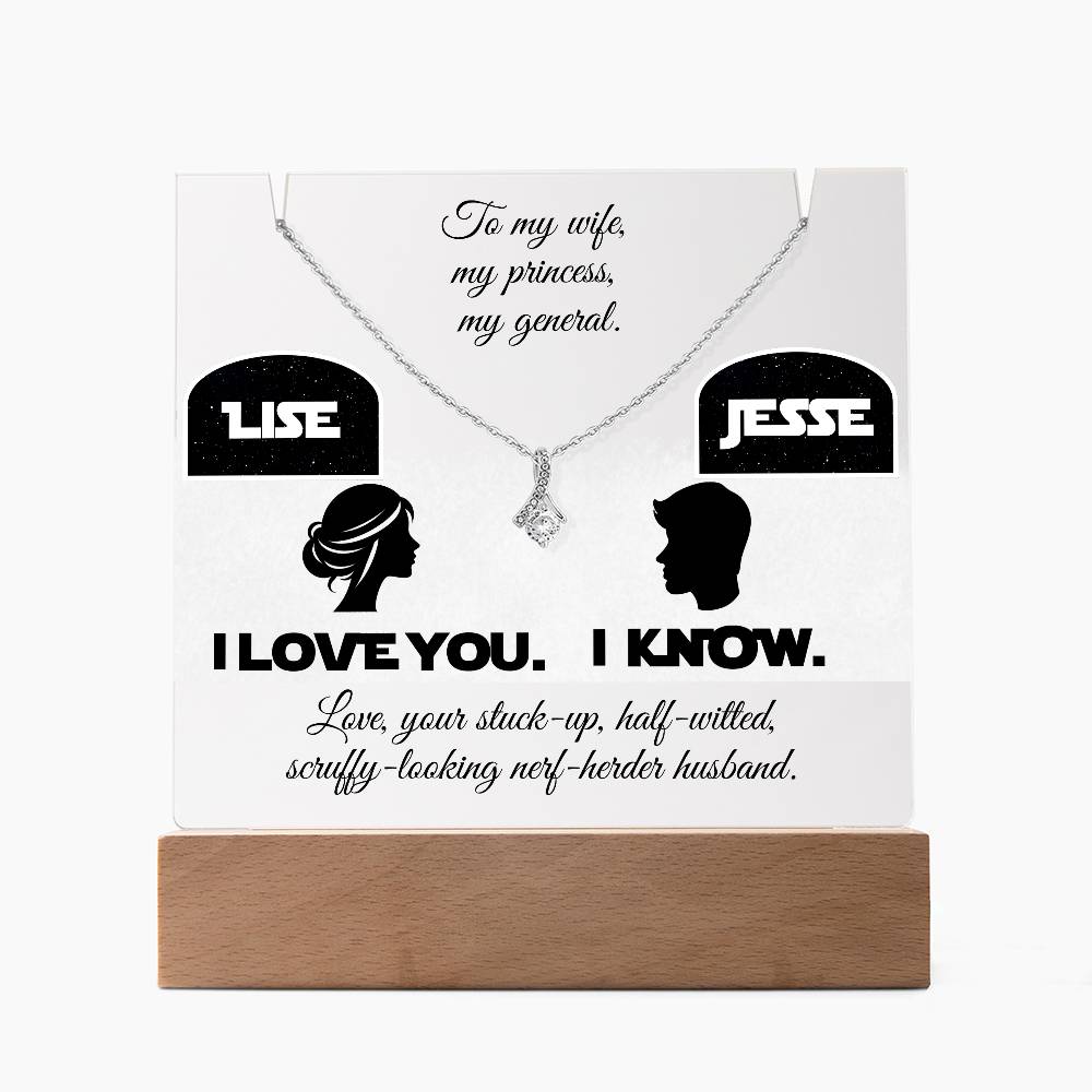 To my Wife, Love your Husband. I love you. I know. Alluring Beauty Necklace & Personalized Keepsake Plaque Black Font. White or Yellow Gold. **EXCLUSIVE NEW PRODUCT**