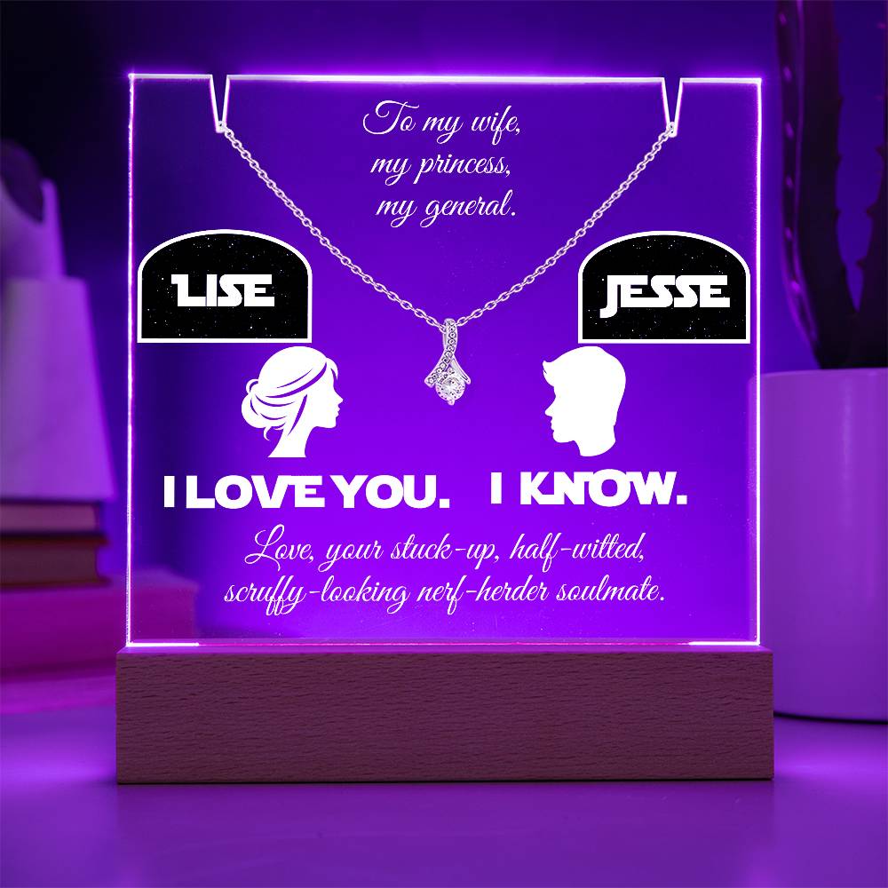 o my Wife, Love your Husband. I love you. I know. Alluring Beauty Necklace & Personalized Keepsake Plaque in White Font. White or Yellow Gold. **EXCLUSIVE NEW PRODUCT**