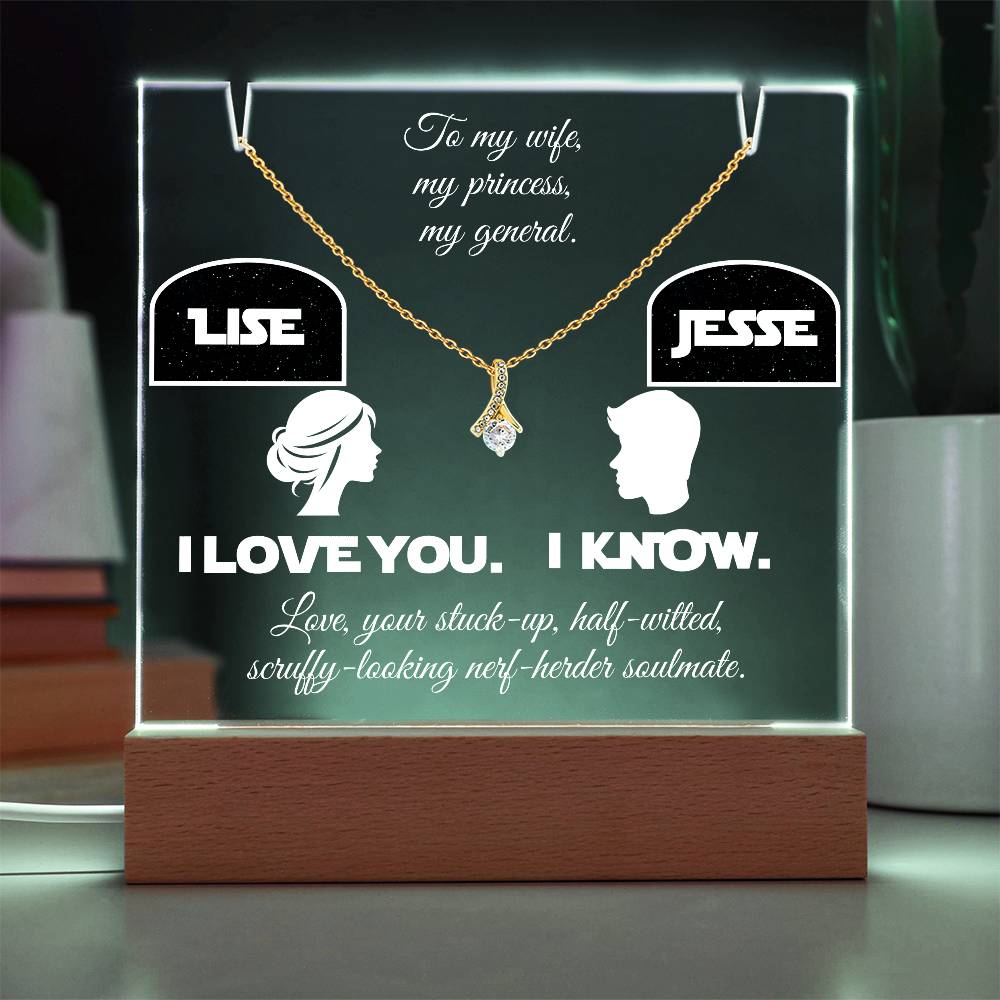 o my Wife, Love your Husband. I love you. I know. Alluring Beauty Necklace & Personalized Keepsake Plaque in White Font. White or Yellow Gold. **EXCLUSIVE NEW PRODUCT**