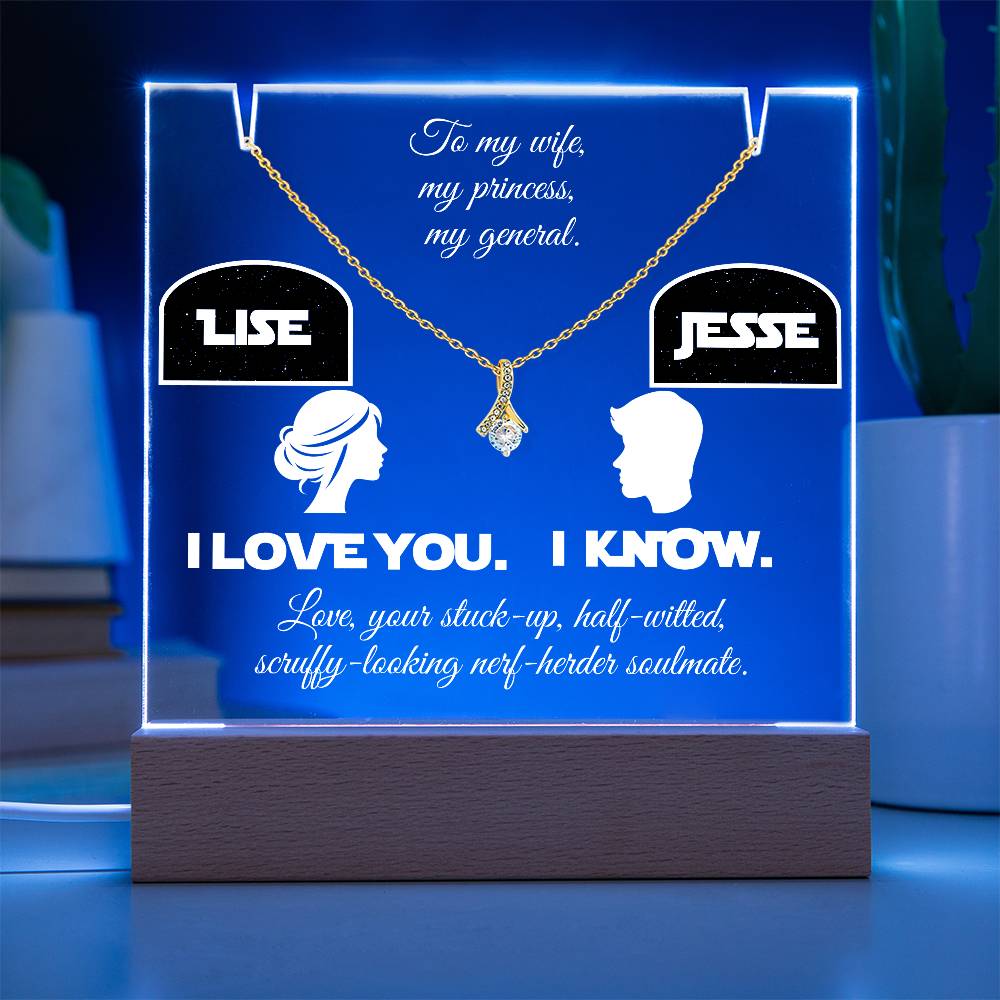 o my Wife, Love your Husband. I love you. I know. Alluring Beauty Necklace & Personalized Keepsake Plaque in White Font. White or Yellow Gold. **EXCLUSIVE NEW PRODUCT**