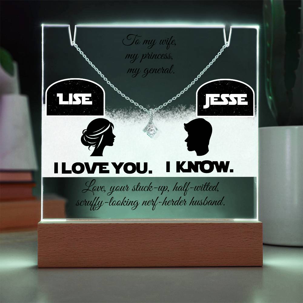 To my Wife, Love your Husband. I love you. I know. Alluring Beauty Necklace & Personalized Keepsake Plaque Black Font. White or Yellow Gold. **EXCLUSIVE NEW PRODUCT**