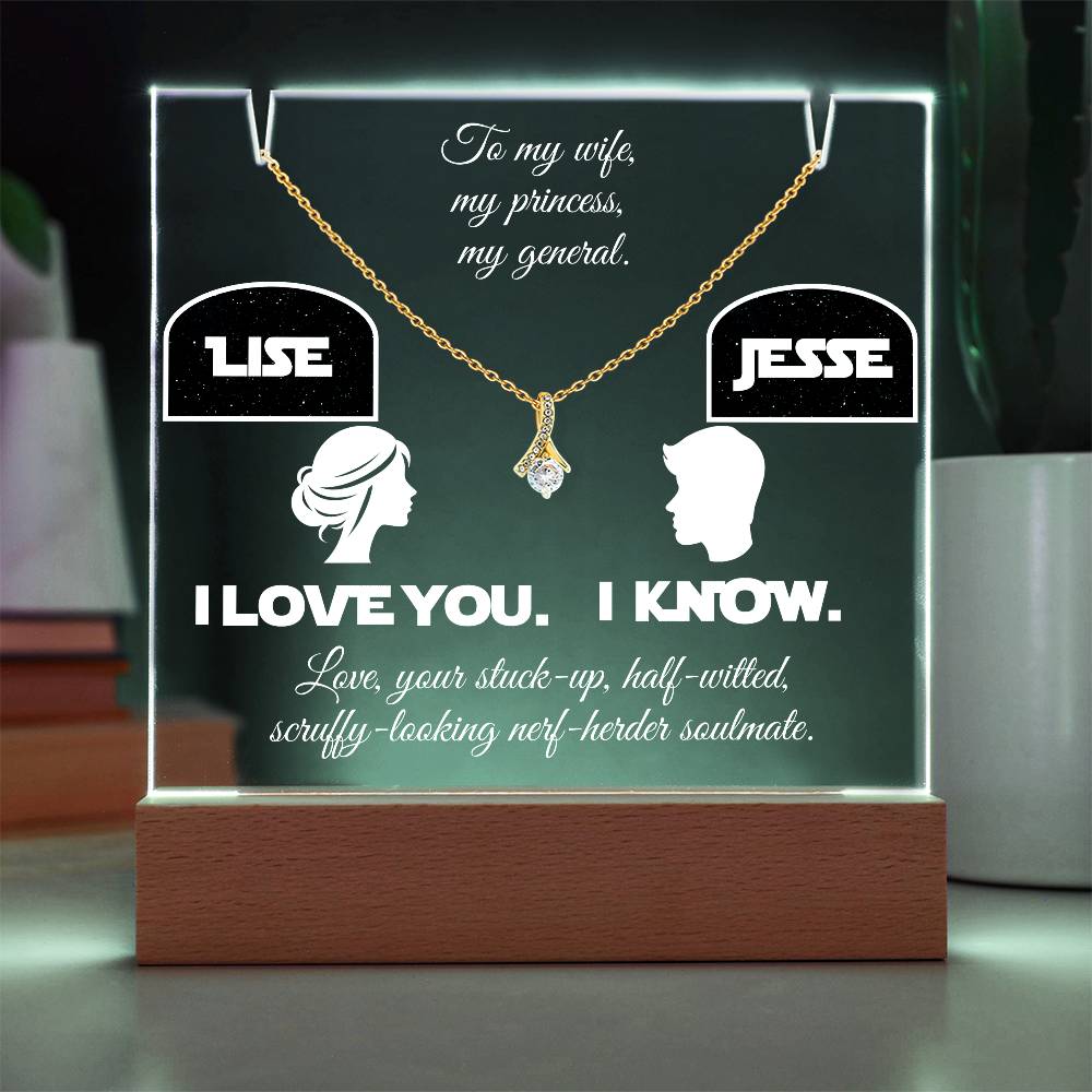 o my Wife, Love your Husband. I love you. I know. Alluring Beauty Necklace & Personalized Keepsake Plaque in White Font. White or Yellow Gold. **EXCLUSIVE NEW PRODUCT**