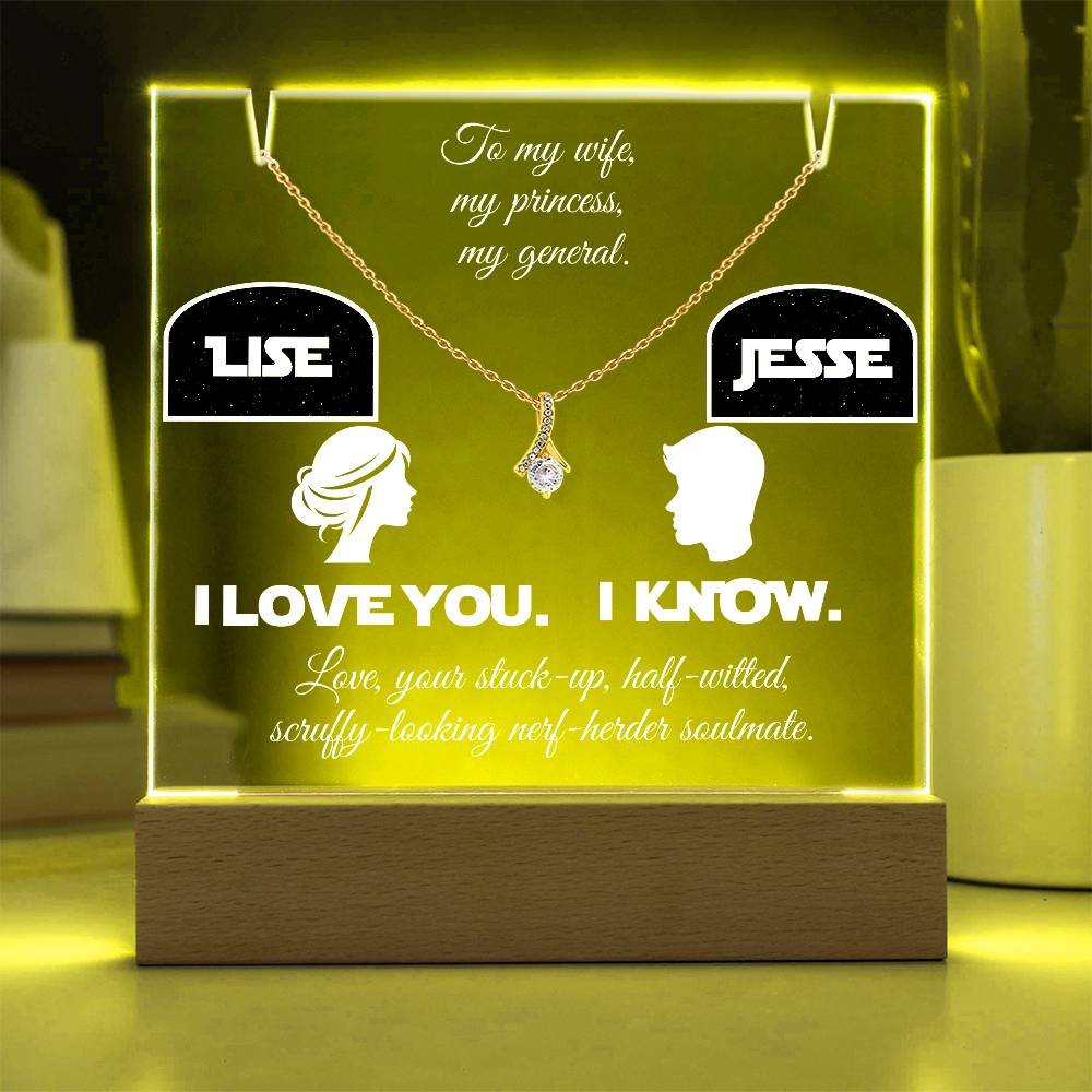 o my Wife, Love your Husband. I love you. I know. Alluring Beauty Necklace & Personalized Keepsake Plaque in White Font. White or Yellow Gold. **EXCLUSIVE NEW PRODUCT**