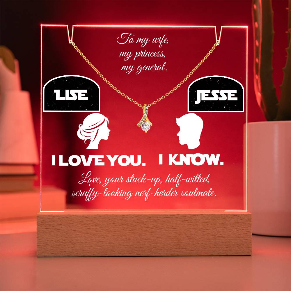 o my Wife, Love your Husband. I love you. I know. Alluring Beauty Necklace & Personalized Keepsake Plaque in White Font. White or Yellow Gold. **EXCLUSIVE NEW PRODUCT**