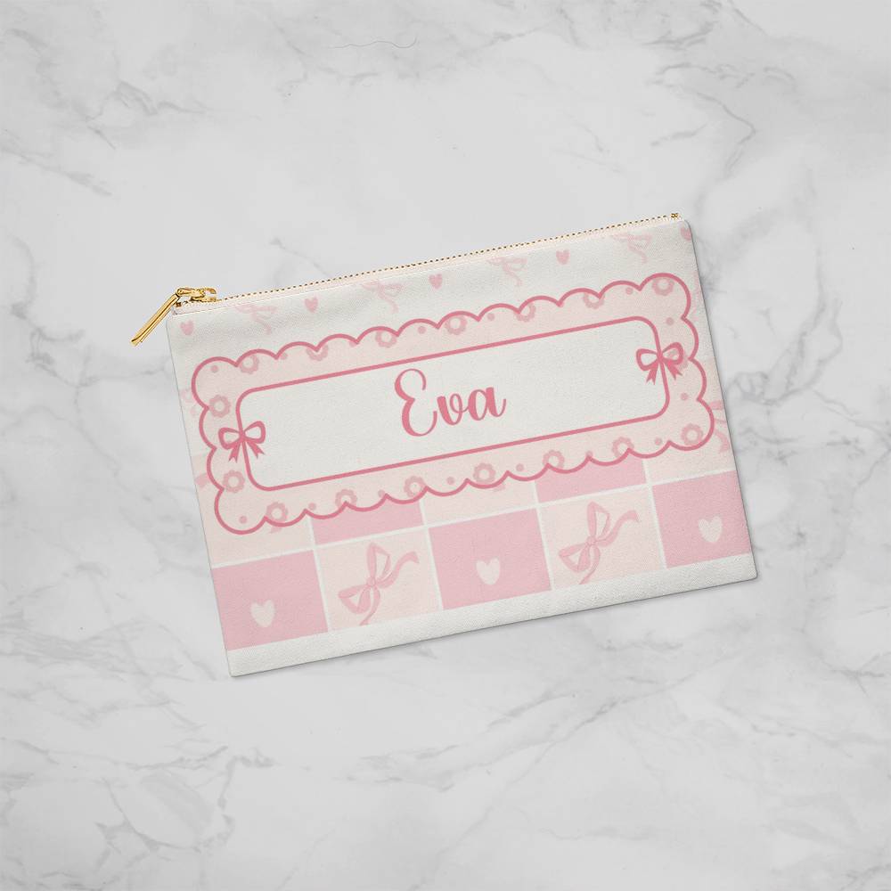 Girl Preppy Aesthetic Makeup Bag Pencil Case Personalized Pink Bow Coquette Fabric Zippered Pouch with Liner Back to School Birthday Gift