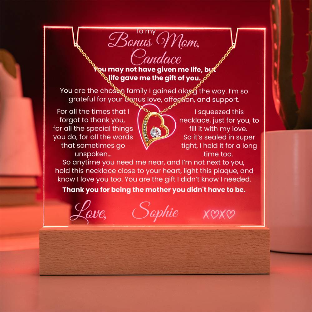 To our Bonus Mom (or my bonus Mom) Personalized Keepsake Thank you Letter from Bonus Child| Mother's Day Jewelry | Heart Necklace & Plaque Bundle | Birthday, Christmas