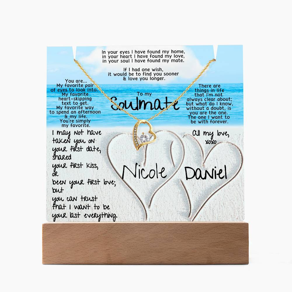 To my Soulmate: PERSONALIZED Two Hearts in Sand Keepsake Light Bundle w Forever Love Necklace (White or Yellow Gold)