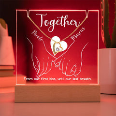 Together Pinky Hold (White Font) Custom Keepsake Plaque & Necklace Gift Bundle