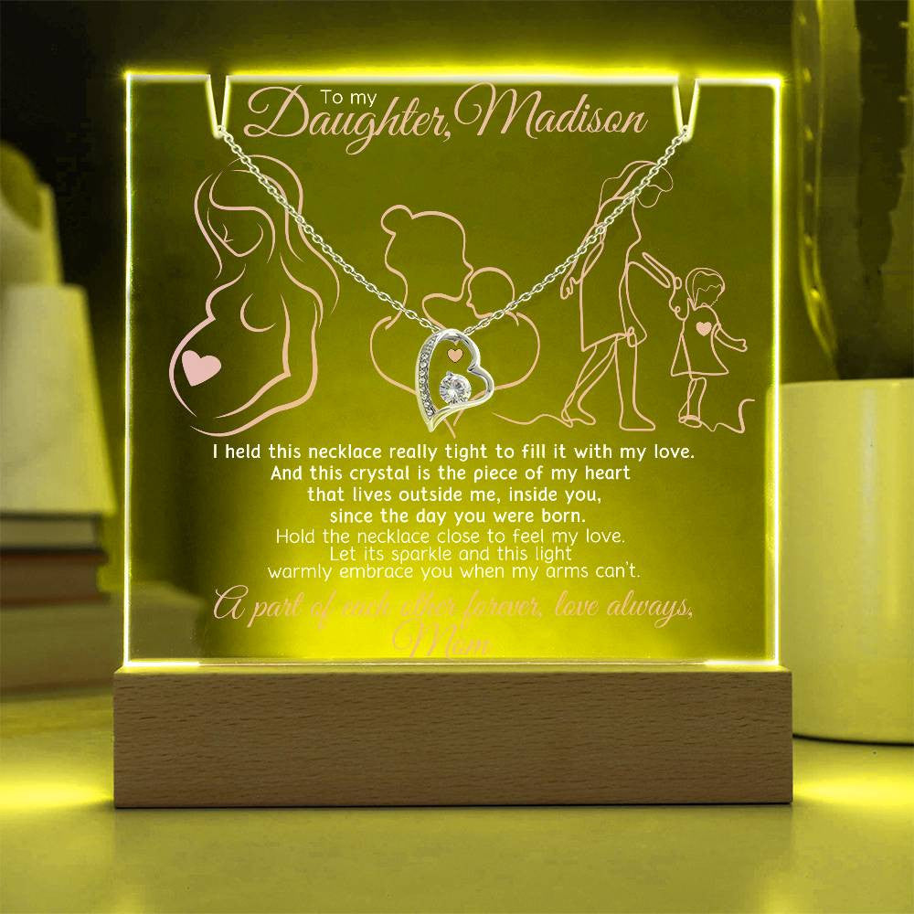 Hey, Mom! Personalize this for your Daughter Today! She will treasure this Piece of my Heart Keepsake Light & Necklace Gift Bundle forever.