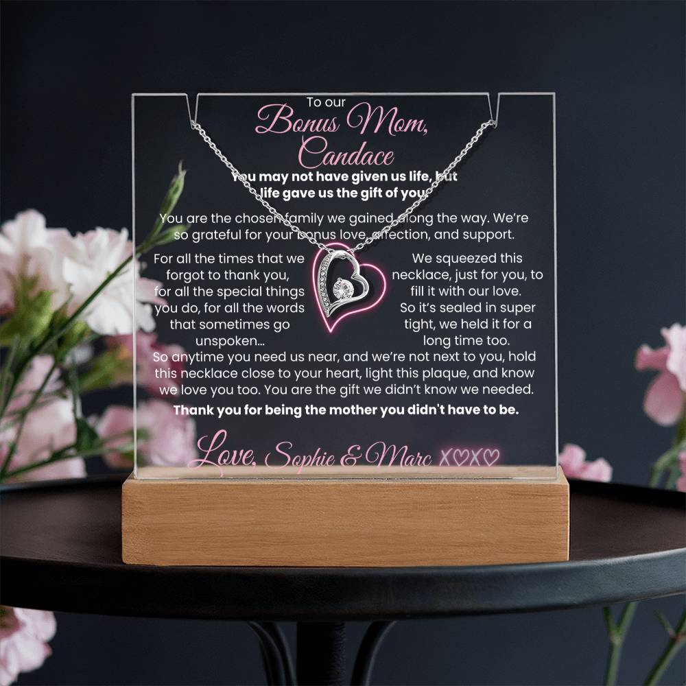 To our Bonus Mom (or my bonus Mom) Personalized Keepsake Thank you Letter from Bonus Child| Mother's Day Jewelry | Heart Necklace & Plaque Bundle | Birthday, Christmas