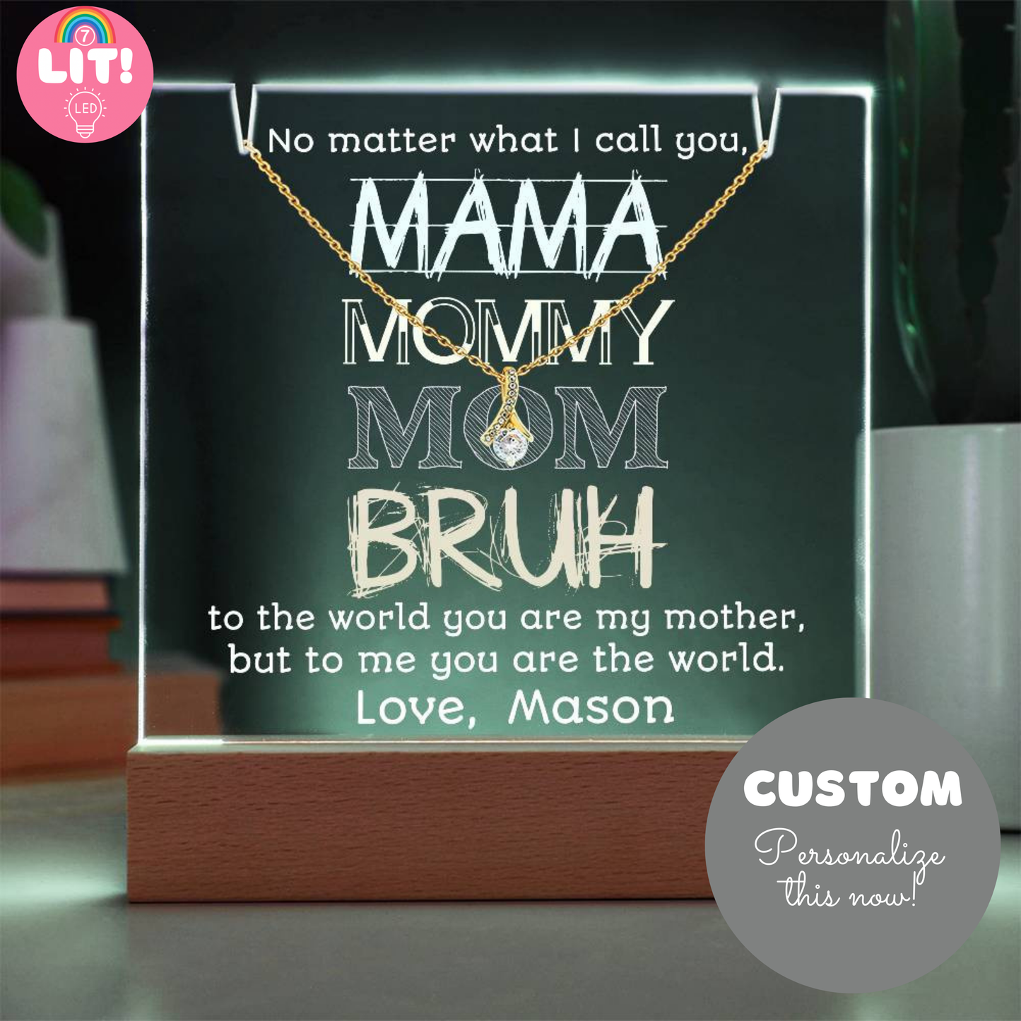 To Mom from Son | Mama Mummy Mom Bruh | Tween Teen Boy Mom Gift | Keepsake Light & Necklace Bundle | Mother’s Day Jewelry | Birthday from Kid