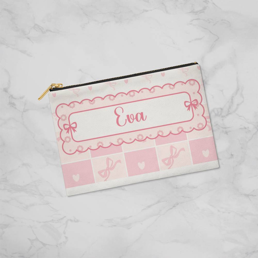 Girl Preppy Aesthetic Makeup Bag Pencil Case Personalized Pink Bow Coquette Fabric Zippered Pouch with Liner Back to School Birthday Gift