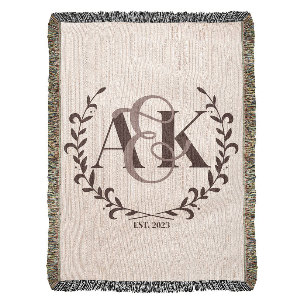 Custom COUPLE Monogram Cotton Blanket Second ANNIVERSARY Gift Personalized Wife Husband Bride Groom Heirloom Woven Throw Dark Cocoa Letters