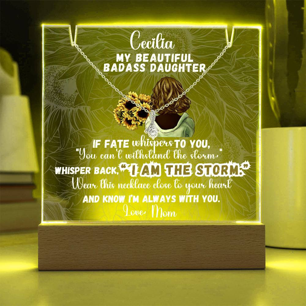 Badass Daughter Gift Bundle: Lit Personalized Keepsake Message & Image AND Alluring Beauty Necklace