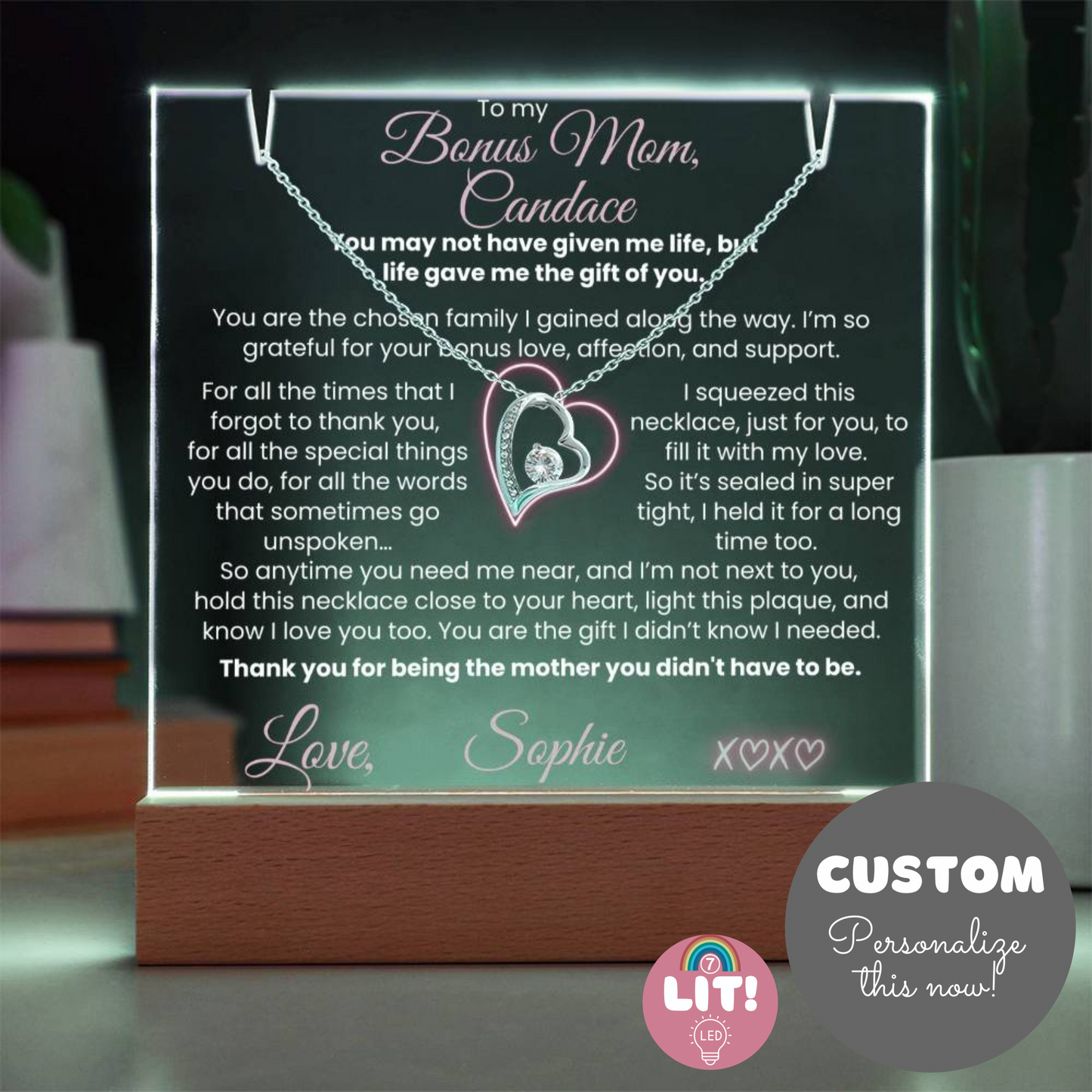 To our Bonus Mom (or my bonus Mom) Personalized Keepsake Thank you Letter from Bonus Child| Mother's Day Jewelry | Heart Necklace & Plaque Bundle | Birthday, Christmas