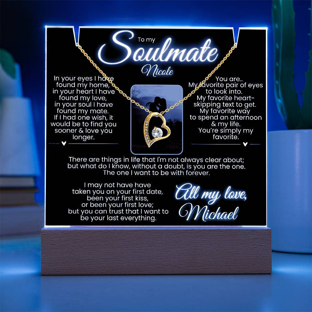 To my Soulmate PERSONALIZED Elegantly Noir LED Lit Stand w Names & Photo Option: Forever Love Necklace (White or Yellow Gold)