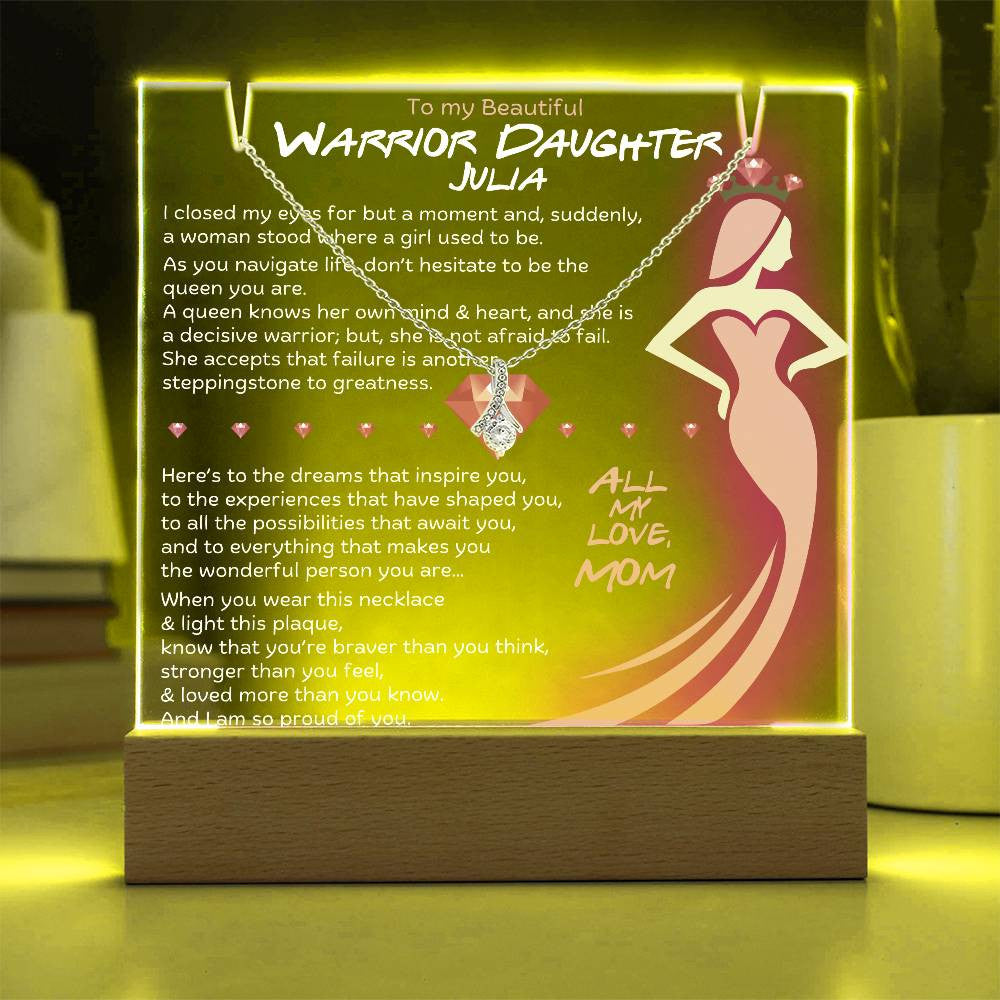 Mom or Dad - Are you fiercely proud of your strong daughter? Personalize this Warrior Daughter Keepsake Light & Necklace Bundle to show her.