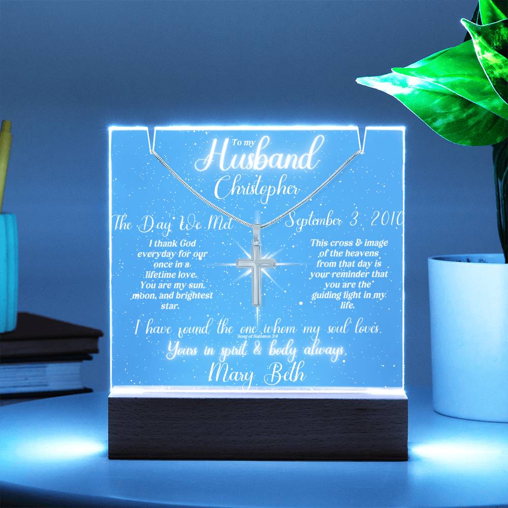 To My Husband - Blessed Day We Met Lit Clear Star Sky Keepsake & Necklace Bundle