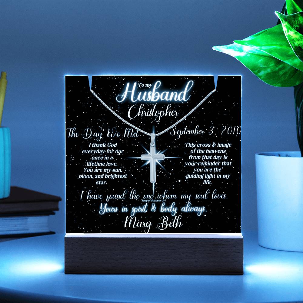 To My Husband - Blessed Day We Met Lit Star Sky Keepsake & Necklace Bundle