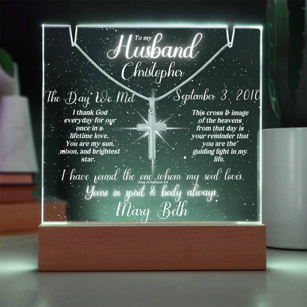 To My Husband - Blessed Day We Met Lit Clear Star Sky Keepsake & Necklace Bundle