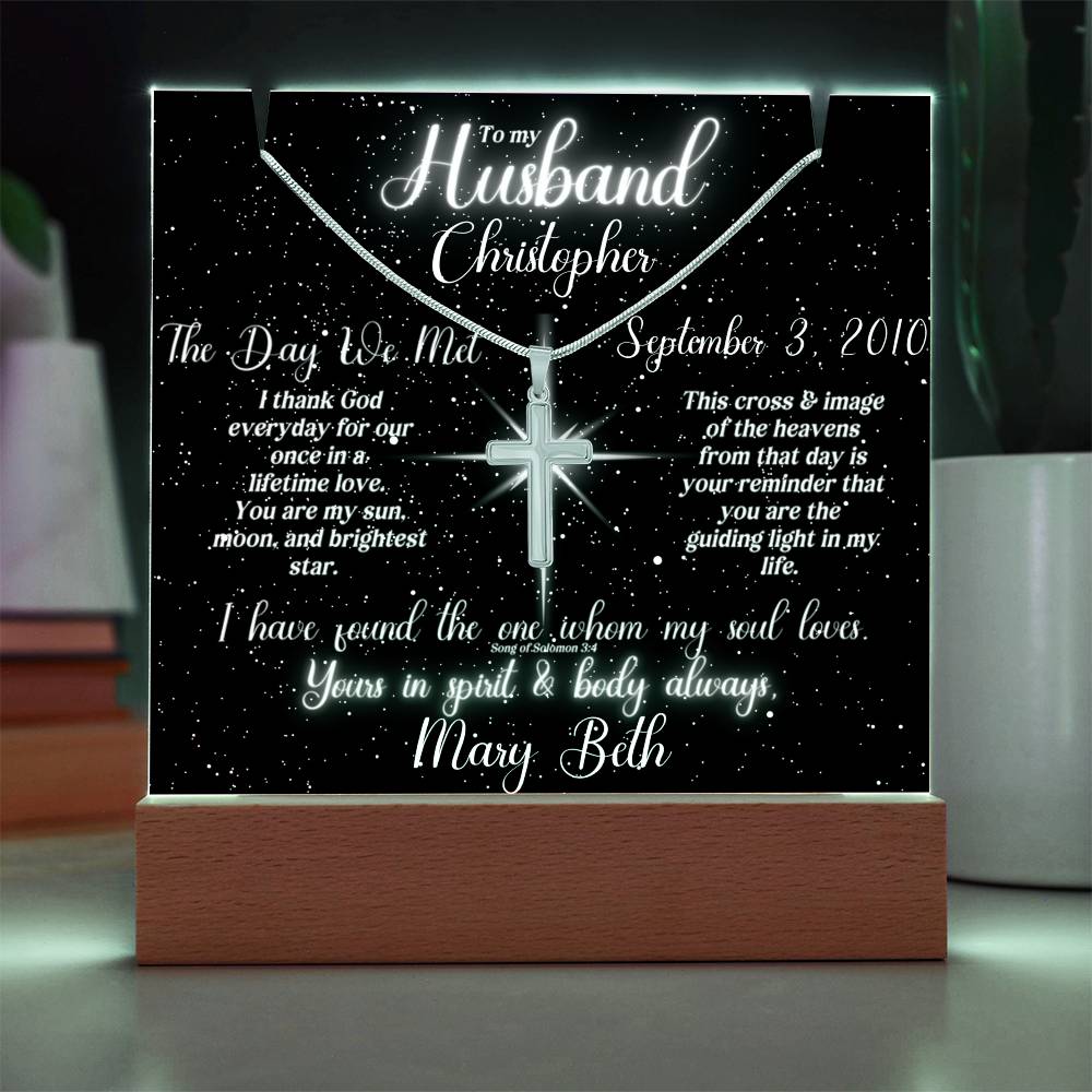 To My Husband - Blessed Day We Met Lit Star Sky Keepsake & Necklace Bundle