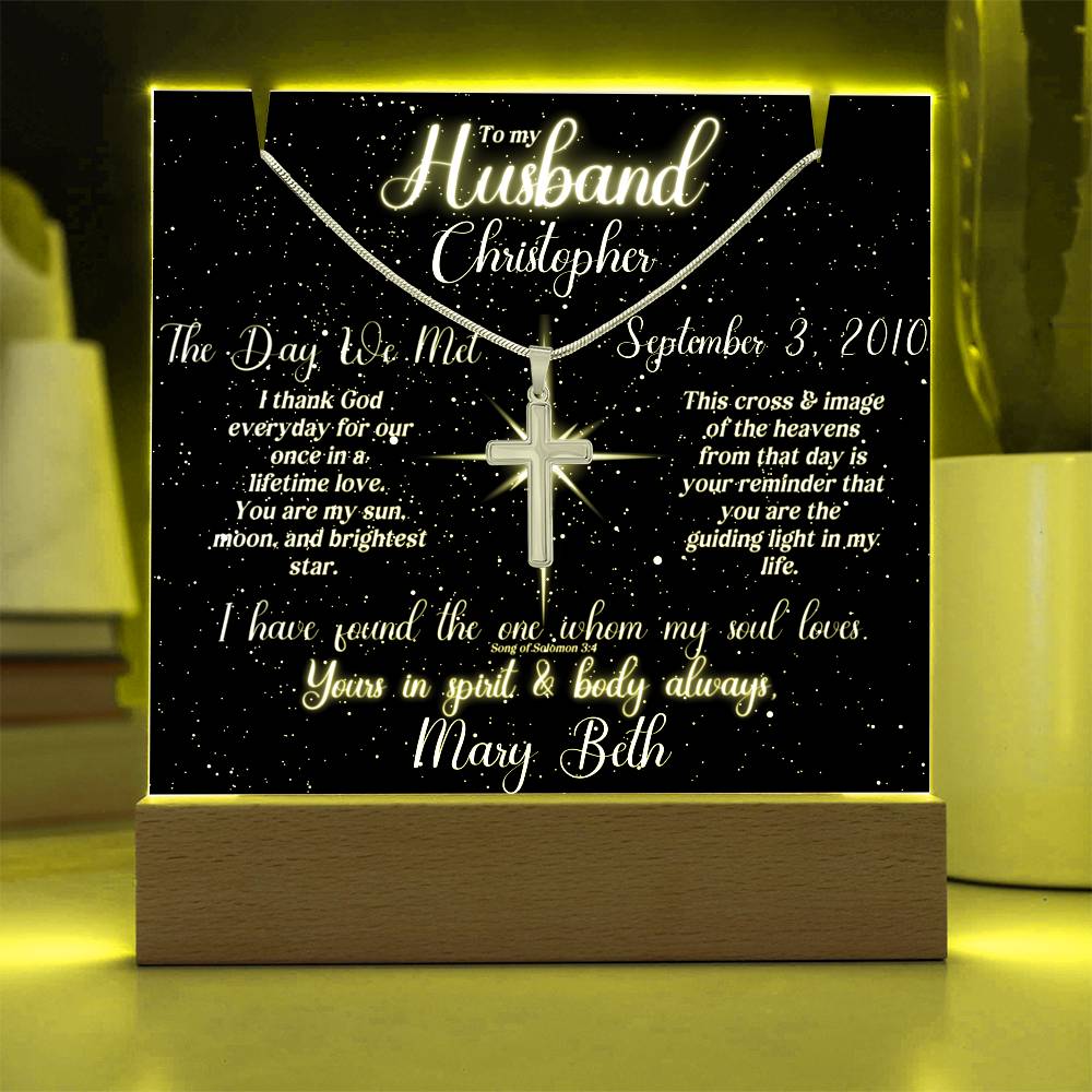 To My Husband - Blessed Day We Met Lit Star Sky Keepsake & Necklace Bundle