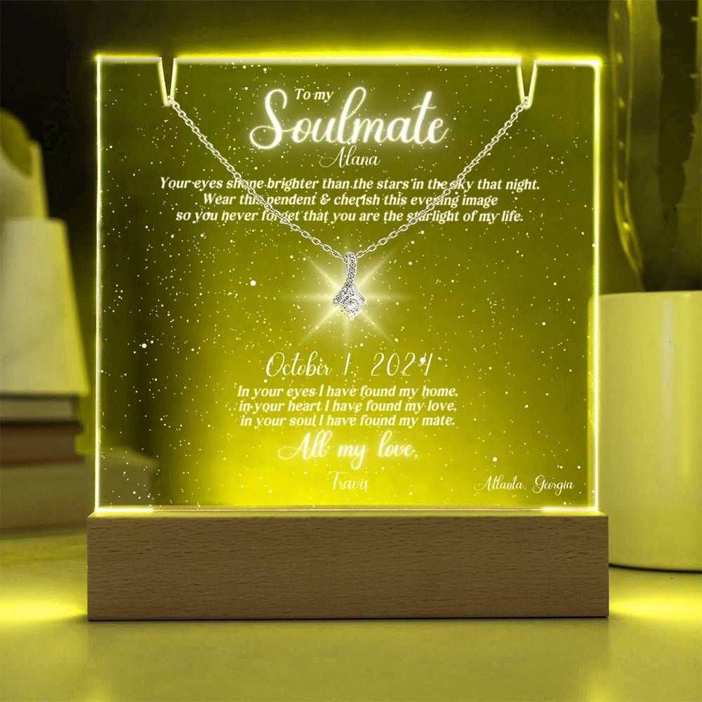 Soulmate Lit Personalized Clear Starlight Sky of Special Night & Message, and Alluring Beauty Necklace Keepsake