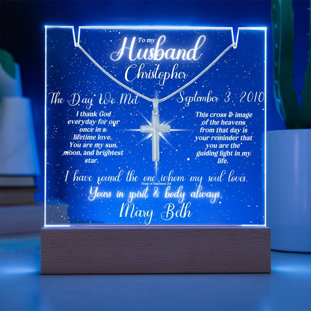 To My Husband - Blessed Day We Met Lit Clear Star Sky Keepsake & Necklace Bundle