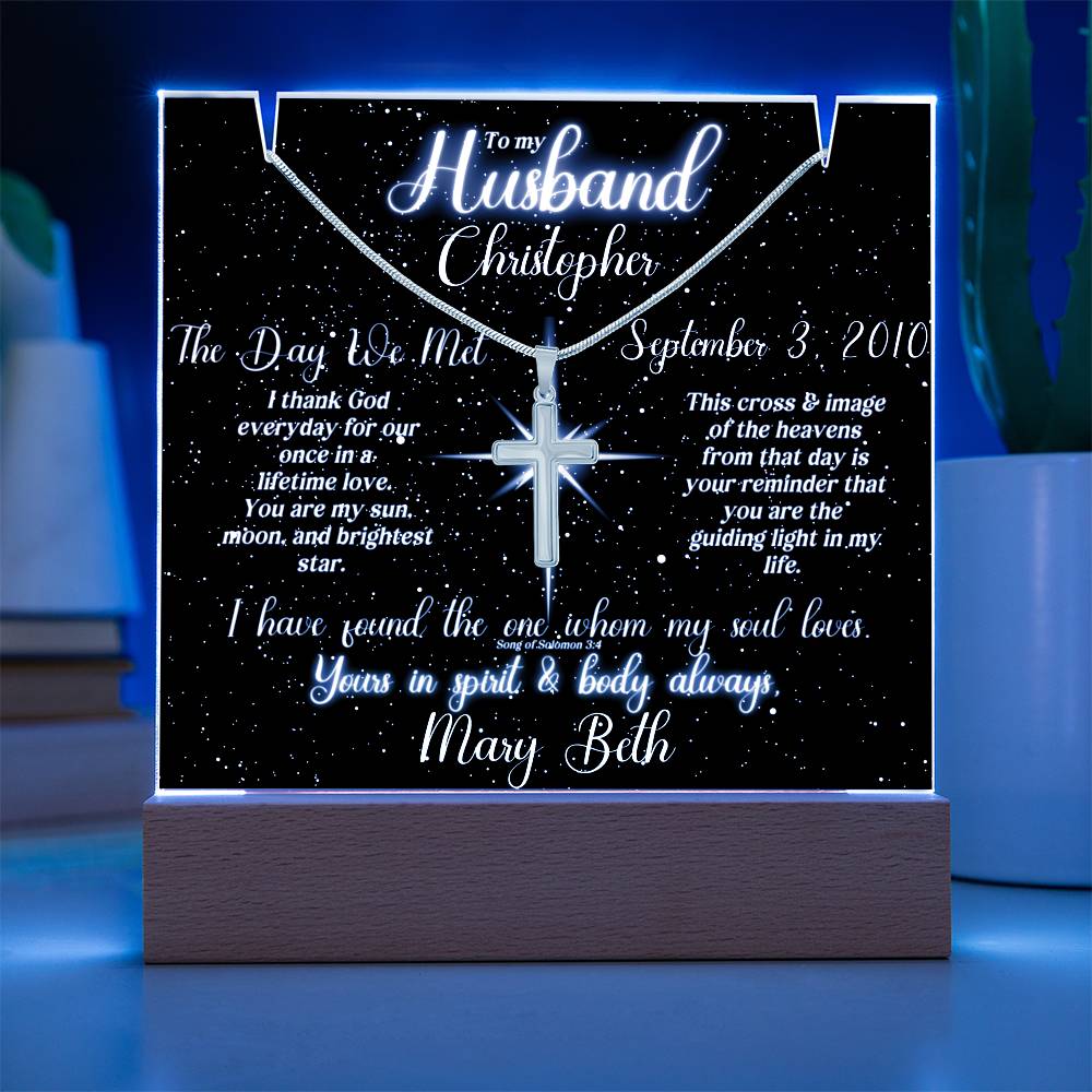 To My Husband - Blessed Day We Met Lit Star Sky Keepsake & Necklace Bundle