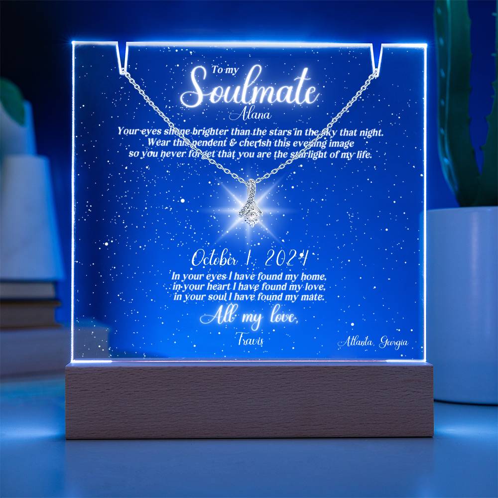 Soulmate Lit Personalized Clear Starlight Sky of Special Night & Message, and Alluring Beauty Necklace Keepsake