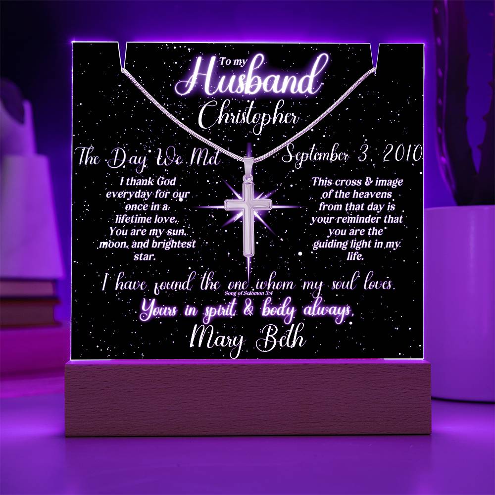 To My Husband - Blessed Day We Met Lit Star Sky Keepsake & Necklace Bundle