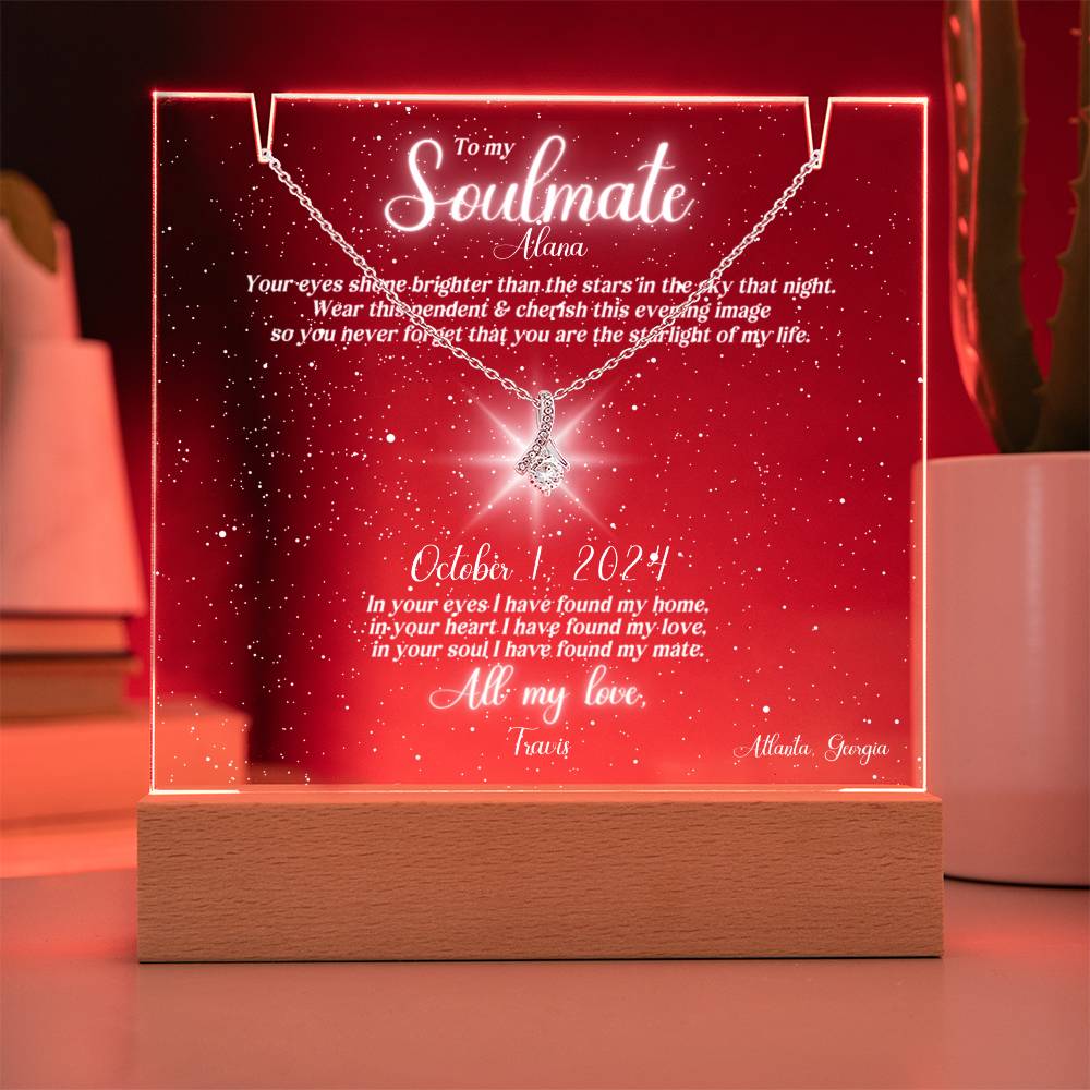 Soulmate Lit Personalized Clear Starlight Sky of Special Night & Message, and Alluring Beauty Necklace Keepsake