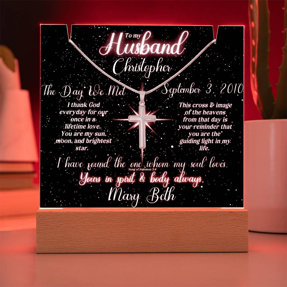 To My Husband - Blessed Day We Met Lit Star Sky Keepsake & Necklace Bundle